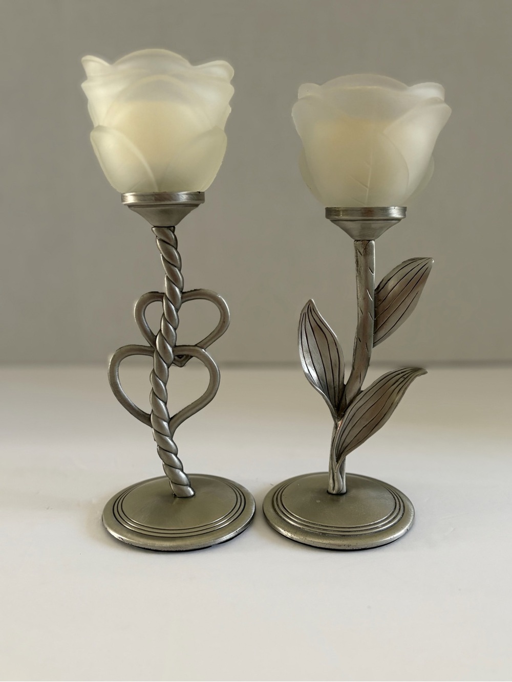 Vintage Pewter & Frosted Glass Floral Candleholders - Double Heart & Leaf Stems